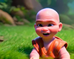 baby krillin, natural environment, photojournalism, hyper detailed, hyper realism, pixar character, sweet and gentle, friendly,