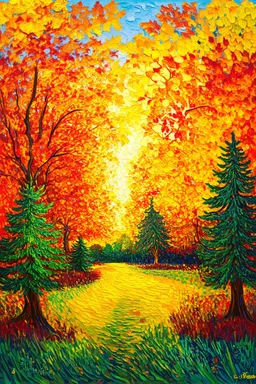 Seeing patterns others cannot see; Lowbrow Post-Impressionist painting inspired by Hundertwasser and Van Gogh; Golden Hour; Exquisitely Detailed; Fall Foliage and Evergreen Palette