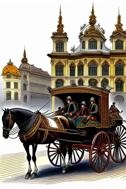 Fiacre, carriage with two horses in Vienna. Old sketch