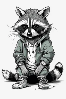 A cheeky raccoon, trendy streetwear, hoody, sneakers,attitude,white background, 2d flat hand Drawing,epic