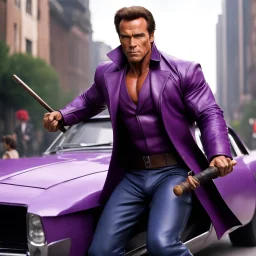 Arnold Schwarzenegger is in the role of Gambit, complete with the iconic purple outfit, long brown leather coat, and wooden bo staff. His portrayal of the Cajun X-Men mutant jumping over a car in action in the city.