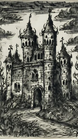 A black ink castle with spades designed in Heidrun manuscripts painted by Vincent van Gogh