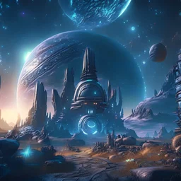 extremly detailed fantasy sci fi landscape with interesting object and buildings, beatiful starry night sky, planets on background, unreal engine 5, 8k resolution, photorealistic, ultra detailed