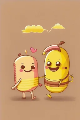 Banana and bacon cute cartoon characters being friends and holding hands