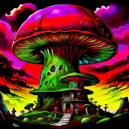 A fantabulous black, green and red (((mushroom tower house))) erected atop a (geologic pillar), surrounded by the uncanny imaginative ((( swirling skies))), offset by the stark hues of a (neon-tinged nebulous space scape), within. captured by the hand a skilled master painter with a focus on (softly blurred compositions and voluminous lighting).