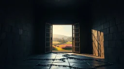 Inside a dark dismal cold prison cell with chains on the floor, looking out through a wide open heavy cell door into escape and freedom, with colourful gardens and distant hills in warm sunshine. Exquisite composition, beautiful detailed intricate detailed octane render, 8k artistic photography, photorealistic, perfect light, chiaroscuro, award-winning photograph, masterpiece