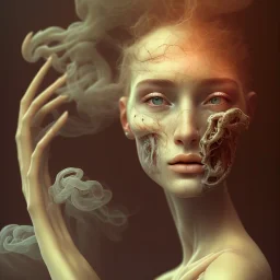 portrait photography of ethereal beauty, 8K, a woman's head, Portrait of a woman by Michelangelo, close-up face, anatomically perfect face, a sunny atmosphere, misty smoke, oak tree roots