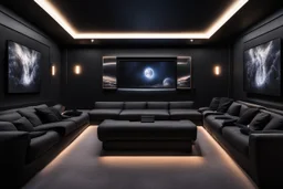 a black themed dedicated home cinema room with LED ambient lighting in the walls make sure the room is completely symmetrical