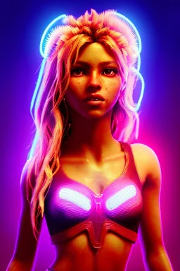 Shakira, artist, 30 years old, Realistic image, waist up portrait, etro style dress. Blonde, feathers, loose long hair, eyes make up, perfect, glow, circle iris. Neon colors, leds, geometric shapes. Dark background, photo studio, neon lights. Cyberpunk, concept art, smooth, unreal engine 5, god lights, ray tracing, RTX, lumen lighting, ultra detail, volumetric lighting, 3d, finely drawn, high definition, 4k.