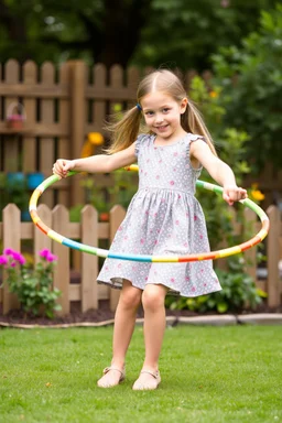 a pretty 7 years old girl with blue eyes and nice dress and shoes play hula hoop in children play garden