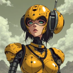 a feminine robot, yellow, post apocalyptic, vintage anime