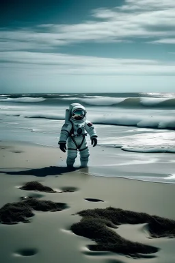 Astronaut entering the vast sea on a beach