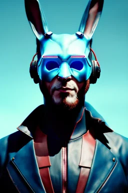 Medium Close Up Portrait, Front image. cyberpunk, rabbit mask, afro man, white hair. leather suit. Silver, blue, red, color. Ghost in the shell style. Color background, photo studio. Avatar image, highly detailed, concept art, smooth, unreal engine 5, god rays, ray tracing, RTX, lumen lighting, ultra detail, volumetric lighting, 3d, finely drawn, high definition, high resolution.