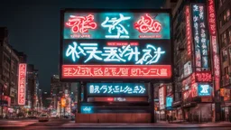 a billboard branded writing Odk Tokusentai , with neon light, in the city center, at night . in Montréal