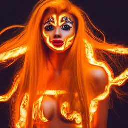 woman made of fire, fire angel, fire clothes, full body portrait, long flowing yellow hair, highly detailed, real life photo, photo quality, extremely detailed, highly detailed, 8K, crisp quality, looking at me