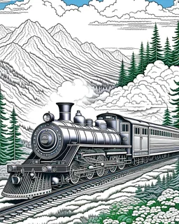 Steam train chugs through mountain forest,Coloring Book for Adults, Grayscale Coloring Book with color