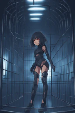 moody anime girl in a futuristic suit, scared face trapped in a cage, feet point view,