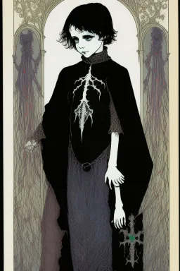 7 year old boy, necromancer, friendly, looks dead,with a long lamprey emerging from his belly , wearing black robes, in the style of Harry Clarke