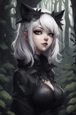 CAT GIRL, goth, forest, nature, cartoon, leaves, half black half white hair, boobs, portrait