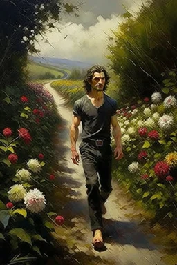 Oil painting expresses a road full of beautiful flowers and around this road thick thorns and at the end of the road stands a very handsome man with black hair oil painting