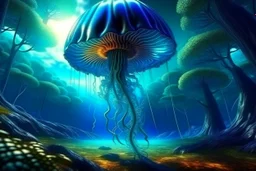 Alien forest with an umbrella made from a jellyfish, photorealistic, Detailed Matte Painting, Deep Colour, Fantastical, Intricate Detail, sunshine, blue sky