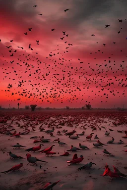 A lot of birds in the sky fill the whole background, red clouds in the sky with huge amount of dead children laying on the ground