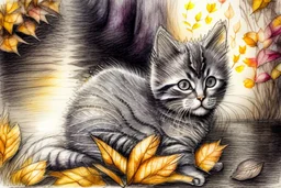 Cute soft contented kitten sweeping autumn leaves from the dirt road in the forest, reflecting water, misty morning sky, intricate zentangle, muted colours, employ golden ratio, elegant, intricate, very beautiful, high definition, hdr, pencil sketch, ultra realistic, ink, wet on wet watercolor, sparkling background