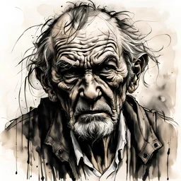 fineliner pen and ink wash sketch of old homeless man, very angry, revenge face, shocking face expression, vengeance, anger, aggressive, madness, head and shoulders, ink wash calligraphy line background in style of Jeremy mann