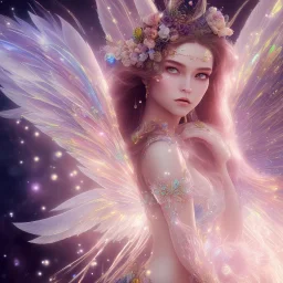 beautiful fairy in a galactic ambiance, transparent wings, delicate colors, finely tuned detail, ultra high definition, 8 k, unreal engine 5, ultra sharp focus