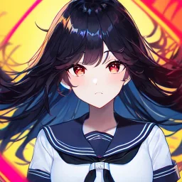 Clear focus, High resolution, long black fluffy hair, red eyes, chopped bangs, wearing a sailor uniform, wearing a sailor skirt, colorful, hollywood, female, no outlines, extreme close up