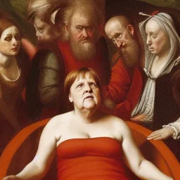 renaissance painting of angela merkel sitting in the tub