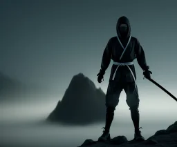 fog as Ninja portrait, black suit, in the night Alps, angels background, volumetric red light, high detail, dark leaf tree, dark mountains in background, perfect, HR Giger style, holding a sword, fighting, cinematic