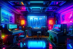 an empty tokyo music studio with keyboard desk speakers and monitors in the heart of a neon-lit, metropolis for robots, filled with diverse futuristic technology. The scene is a blend of gritty realism and vivid imagination, with towering holographic and a cacophony of sights and sounds. 32K UHD, dynamic colors, and intricate details create an immersive and engaging image.