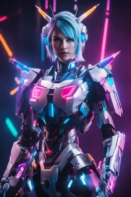 Realistic Gorgeous Photography beautiful European woman as cyborg DJ player with neons body full gundam robotic ,self expression playing DJ music player on stage music concert