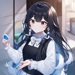 Clear focus, High resolution, Rough line, cute, cartoon style, black long hair, fluffy hair, long locks, spiky hair, wearing a white shirt with a black vest, wearing a white collar and a grey bow, wearing a white skirt, black eyes