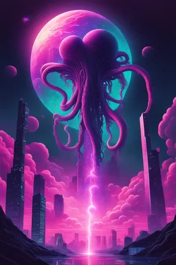 A surreal synthwave landscape featuring a towering cosmic entity with tentacles reaching towards a neon-lit city, under a sky filled with glitching stars, a distorted moon, and dark, swirling cosmic anomalies.