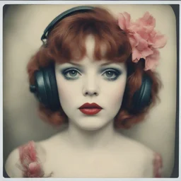 Grunge Polaroid head shot of doll-faced clara bow, natural pouty lips, red nose, hair adorned with flowers, rosy cheeks and rosy nose, headphone