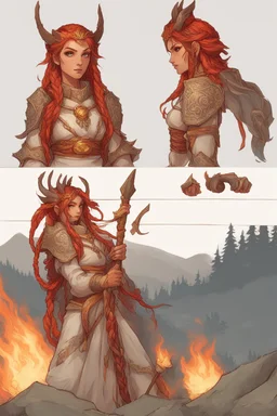 Female paladin Druid. Made from fire, hair is long and bright red. It has some braids. Eyes are big, looks like fire . Makes fire with hands. Has trust issues