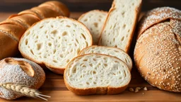 An image of baguette bread, sandwich bread, toast and tortilla bread, white bread, and whole wheat bread and coconut sweets and wheat ears and sesame seeds and freshly baked sliced ​​bread.
