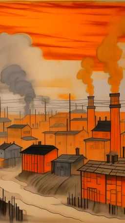 An orange western town covered in smoke painted by Piet Mondrian