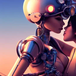 great illustrator, spanish, realistic rendering of a cute spanish girl kissing a beautiful cybergirl. beautiful, simmetric, steampunk style. Helmet with tubes. Girl with wings. Machinery in the background. Robotic bird flying. High details. 4k. unreal engine, sunset