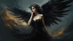 Dark and ethereal, the angel's black wings spread. Each wing carried with it an ancient story, a deep secret that hid in the shadows. cinematic detailed mysterious sharp focus high contrast dramatic volumetric lighting, :: mysterious and dark esoteric atmosphere :: digital matte painting by Jeremy Mann + Carne Griffiths + Leonid Afremov,, dramatic shading, detailed face