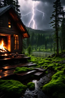 Thunderstorm with lightning, rain, crackling fireplace in a cozy cabin, mossy swamp view