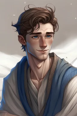 He was born in his twenties, with white, wheat-like skin, bright blue eyes, and very light freckles. He had very sharp, Arab features, and he laughed with his hair. It is dark brown and silkyHe wears heavy clothes because of the winter