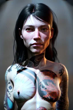 Ultra Realistic image, 30 years old Spanish woman, portrait, small complexion, natural small busty, traditional Japanese tattoo, jakuza style, vibrant color, highly detailed, art stations, concept art, smooth, unreal engine 5, god rays, ray tracing, RTX, lumen lighting, ultra detail, volumetric lighting.