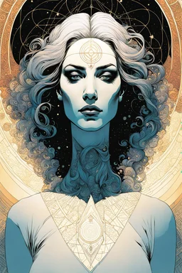 create an ethereal, otherworldly woman utilizing sacred geometry, fractals, reoccurring patterns in the comic book art style of Mike Mignola, Bill Sienkiewicz, and Jean Giraud Moebius, with highly detailed and finely inked facial features , dramatic natural lighting