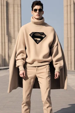 a men winter fashion runway Superman with industrial clothes inspired by Superman Emblem style, embroidery sweaters fashion beige tones