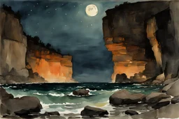 Night, rocks, cliffs, mountains, sci-fi, fantasy, winslow homer watercolor paintings