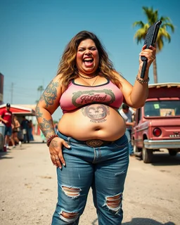 fat disgusting mexican woman in a tanktop and jeans in RAT Fink ed roth Style