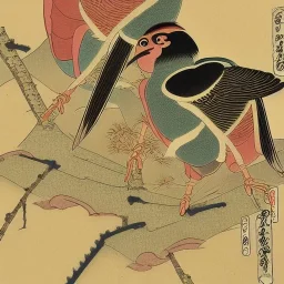 Ukiyo-e style illustration of three birds in bamboo armor gold high detail